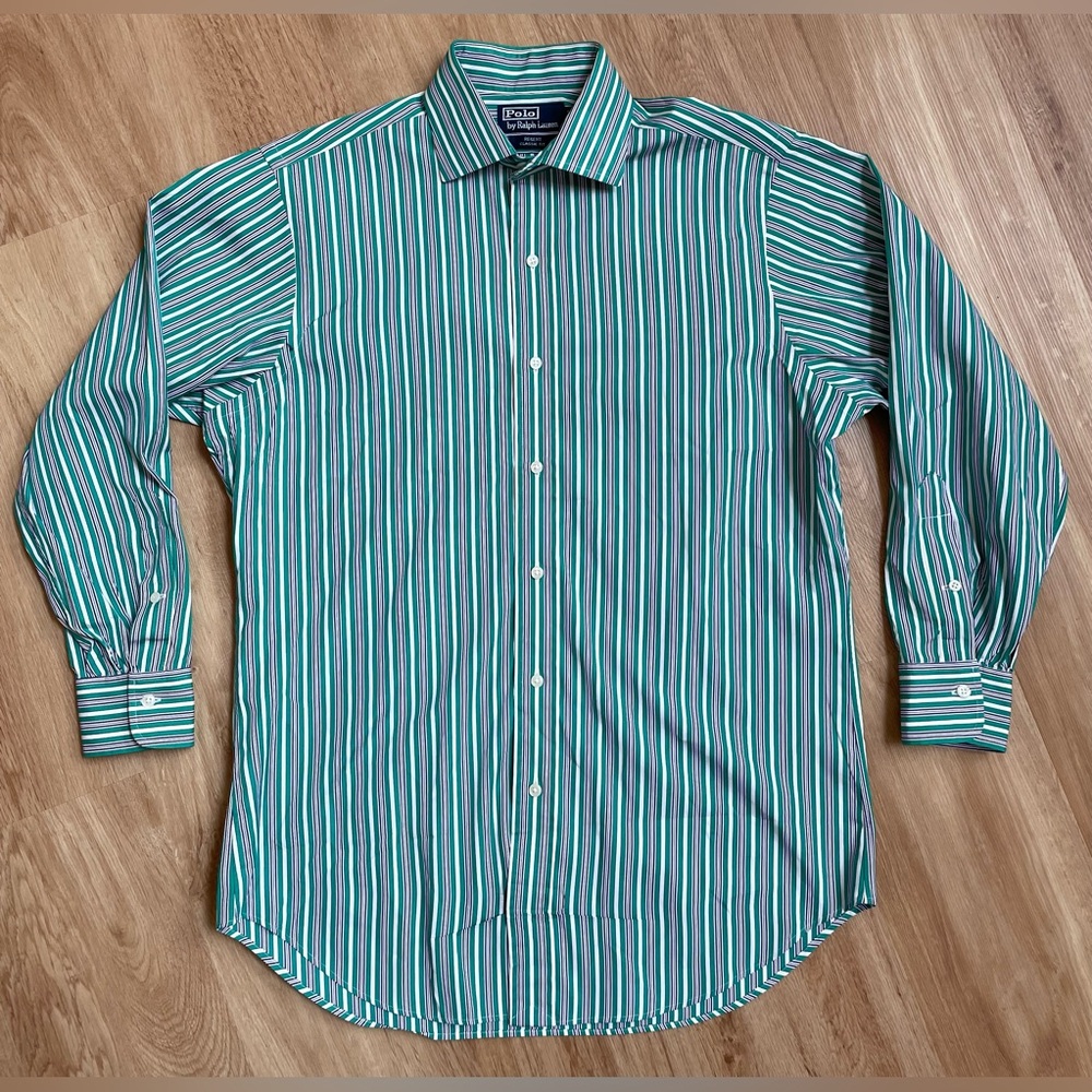 Polo Ralph Lauren Shirt 15.5 M Regent Classic Fit Striped Green button up preppy - Picture 2 of 7